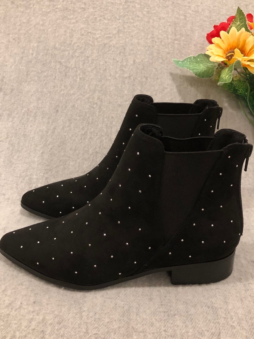 NWT - Black Vegan Suede Ankle Boots with Silver Studs & Elastic Side Panels